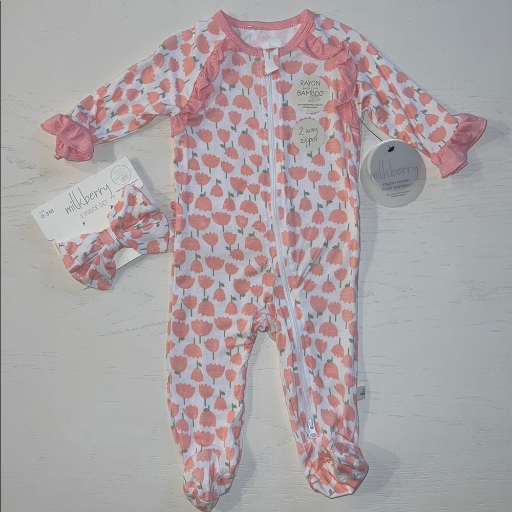 Milkberry Floral Tulip Footie Headband Set 0-3 3-6 months